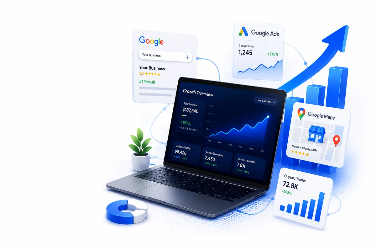 Metket growth dashboard: revenue, website traffic, Google Ads conversions and Google Maps rankings all climbing