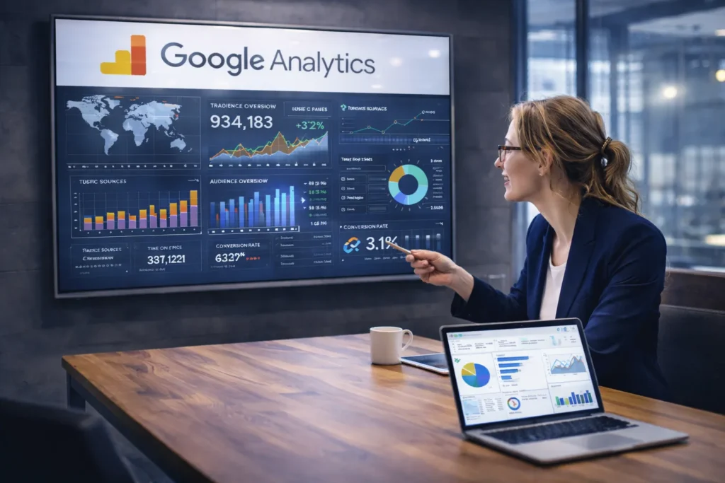 A professional woman using Google Analytics