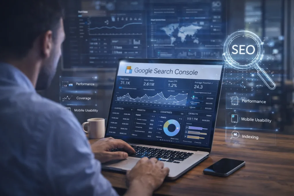 A person using Google Search Console for SEO