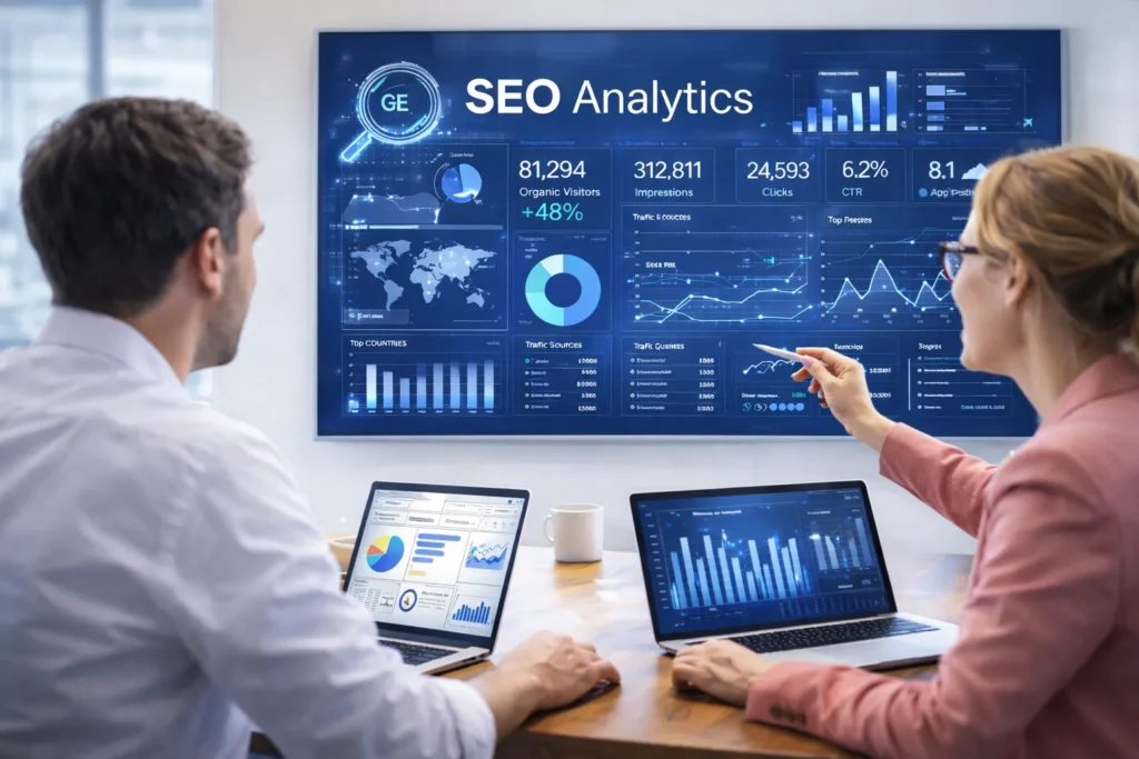 Professionals reviewing SEO Analytics data