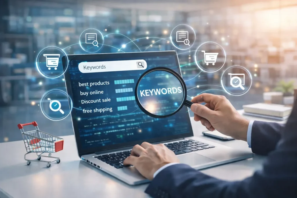 A professional doing Keyword Research for Ecommerce site