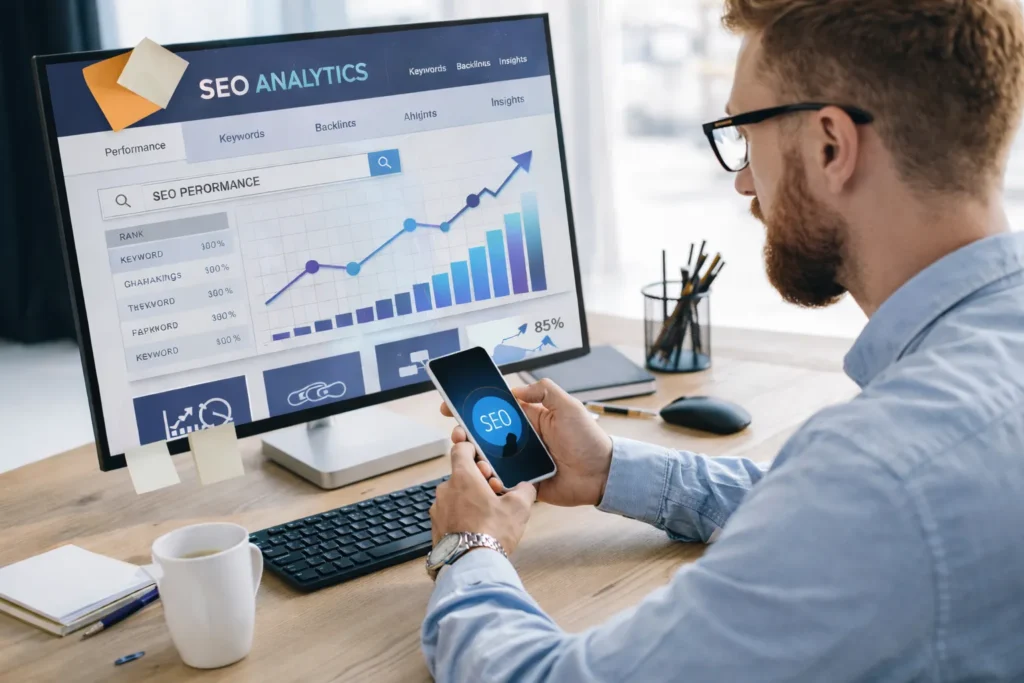 Someone checking SEO analytics on a desktop