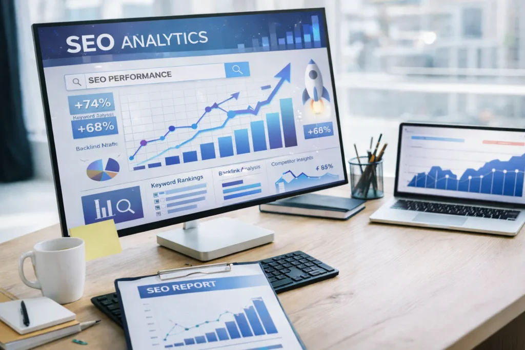 Showing SEO analytics on a PC screen