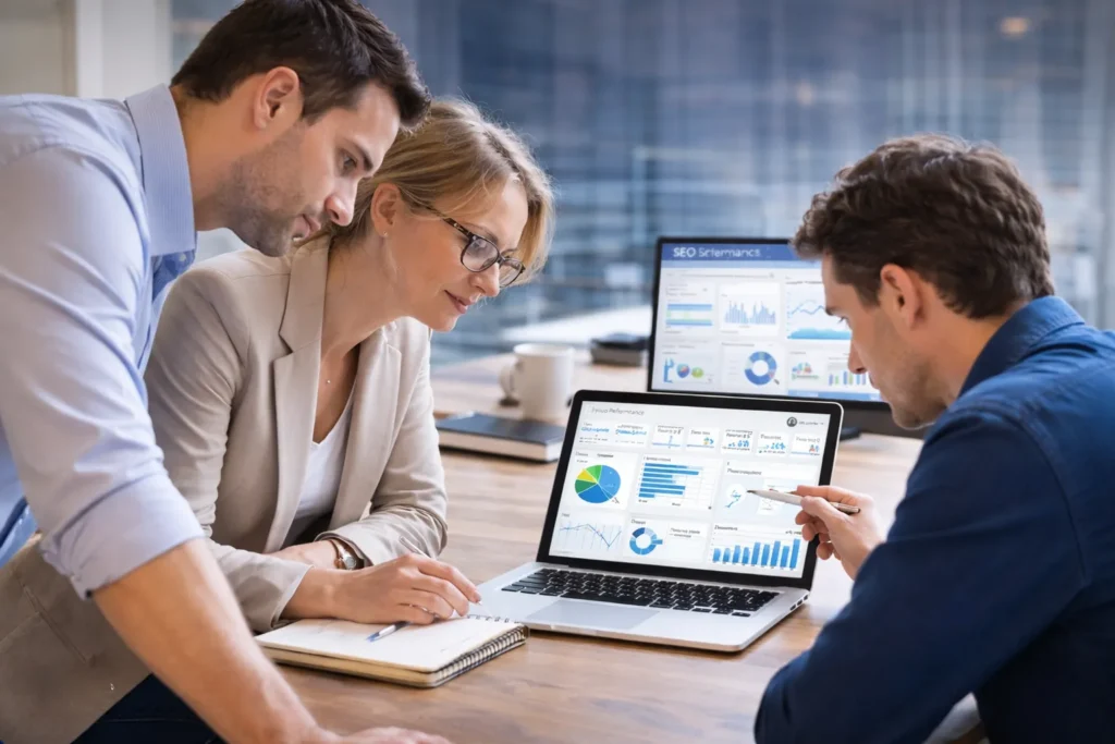 SEO experts checking analytics to develop SEO strategies
