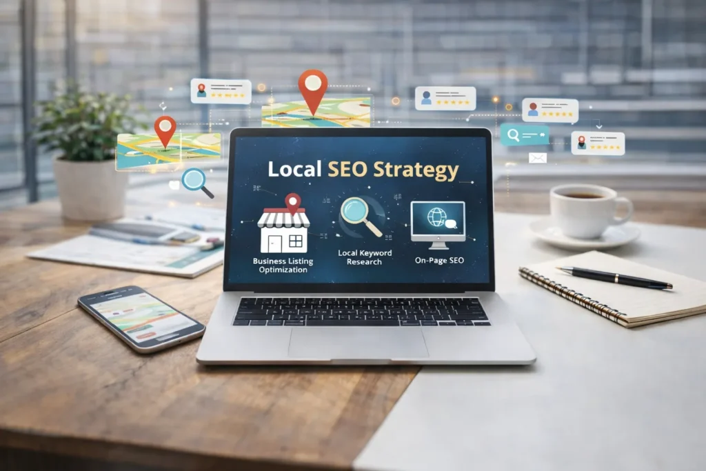 Local SEO strategy is written on a laptop screen