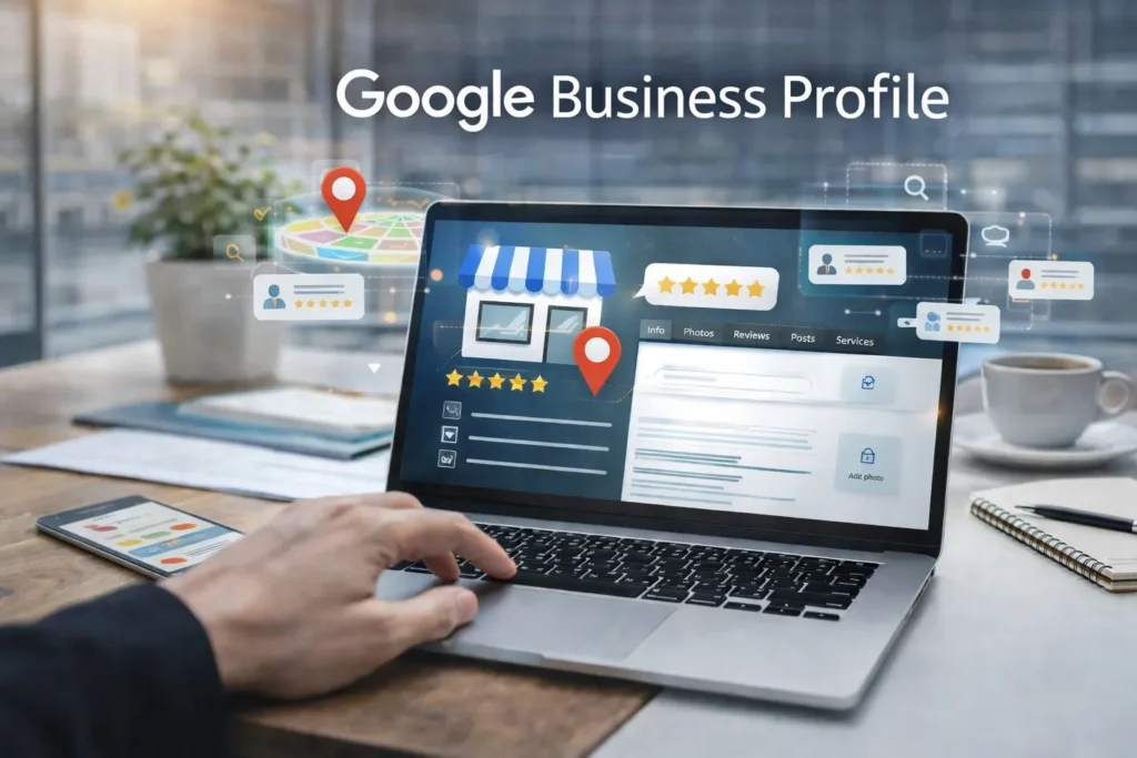 Someone optimizing Google Business Profile on a laptop