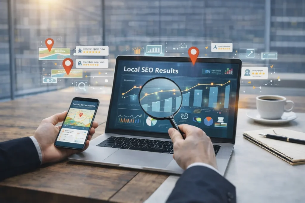 SEO expert monitoring local SEO results on a laptop