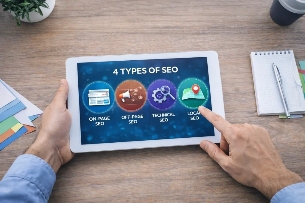 4 Types of SEO on a tablet screen