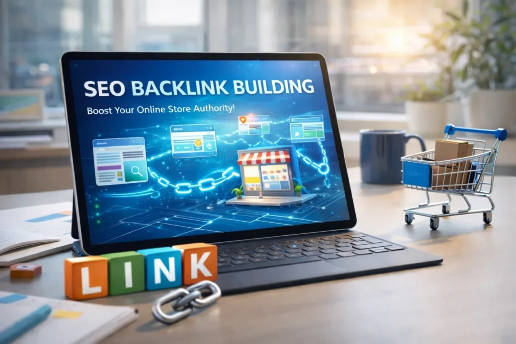 Someone Build Trust and Authority Through Backlink Building on a laptop