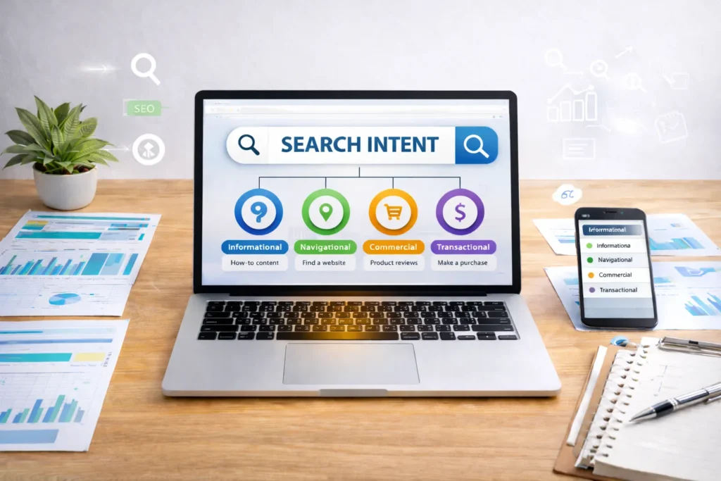 Search intent for SEO ranking on laptop screen