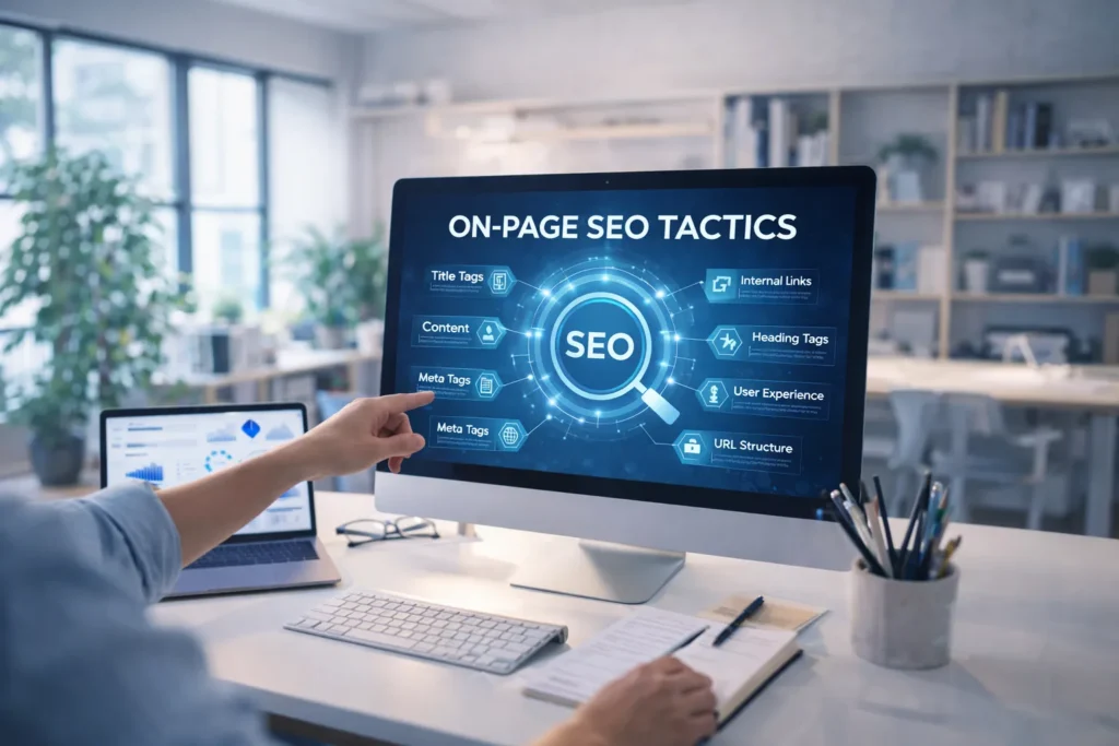 On-Page SEO tactics text on a desktop screen