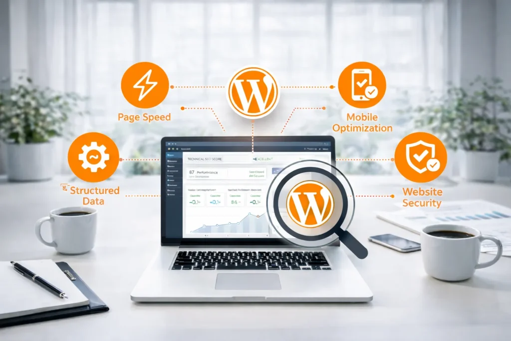 Implementing technical SEO strategies in WordPress site on a laptop
