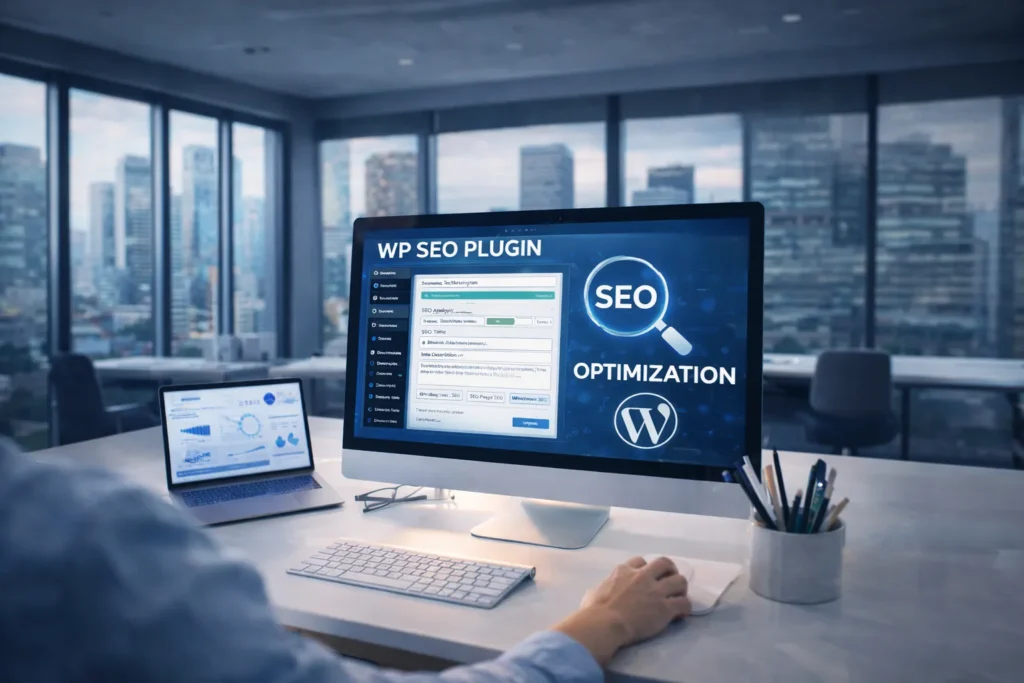 On-Page Optimization with a WordPress SEO Plugin on a laptop