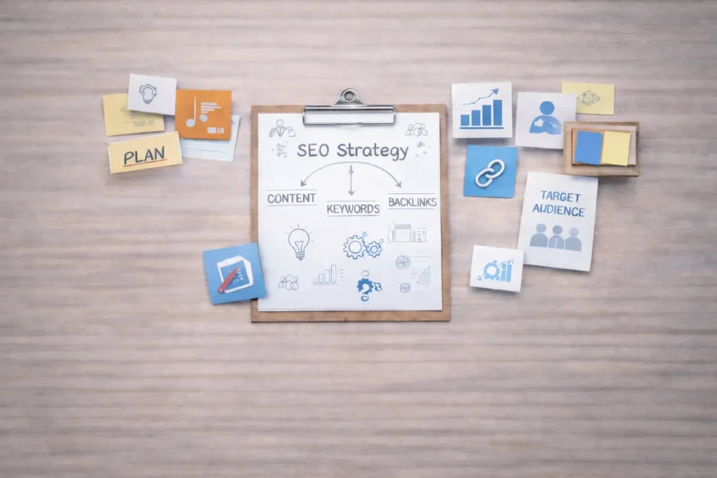 Ways and plans to improve SEO on WordPress website on a table