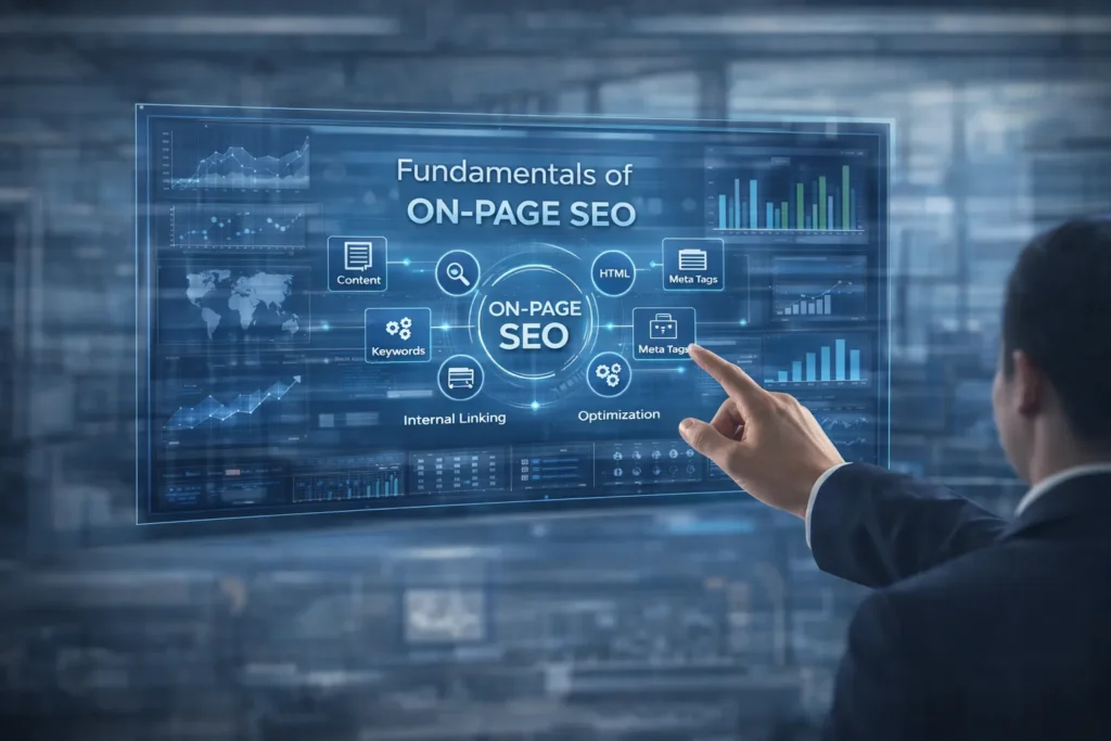 The fundamentals of On-Page SEO text on a large dashboard