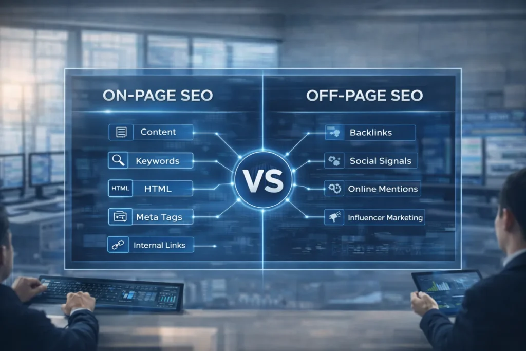 Difference between On-page SEO and Off-page SEO on a large blue dashboard