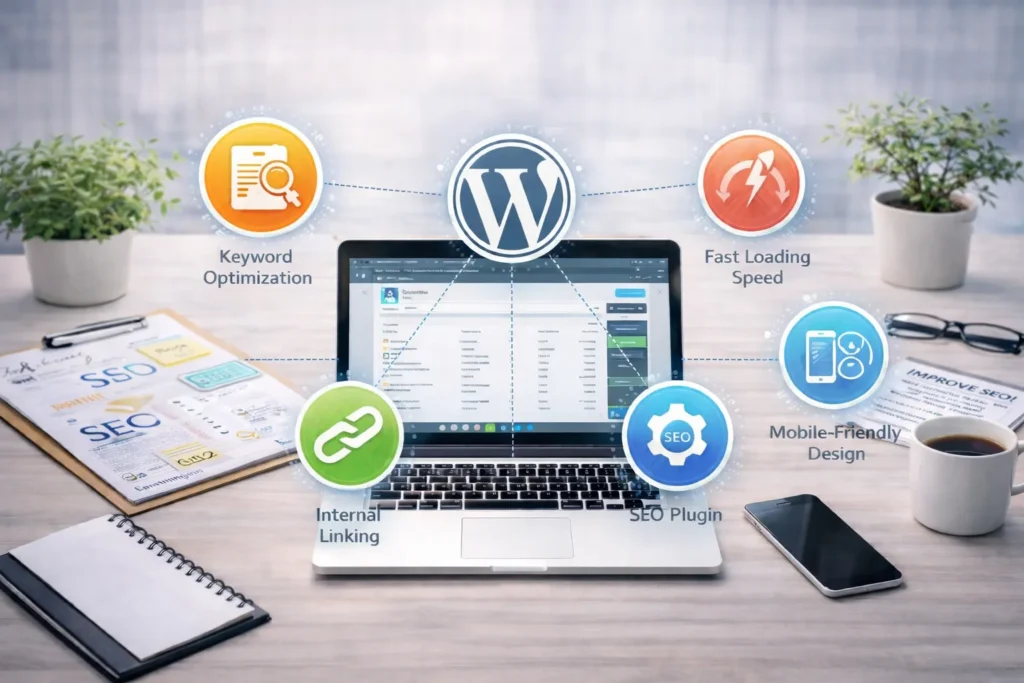 A laptop screen showing ways to improve SEO on WordPress website