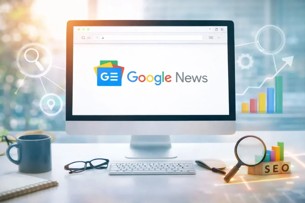 SEO for News Publishers in Google on a laptop screen
