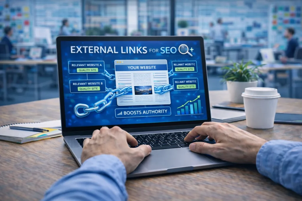 Someone working on adding external links on a laptop