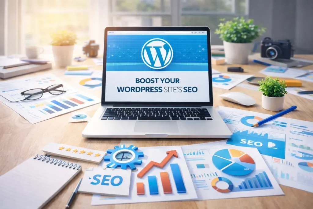 SEO expert working on WordPress Site’s SEO on a laptop