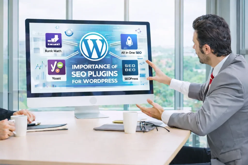 Importance of SEO Plugins for WordPress written on a desktop